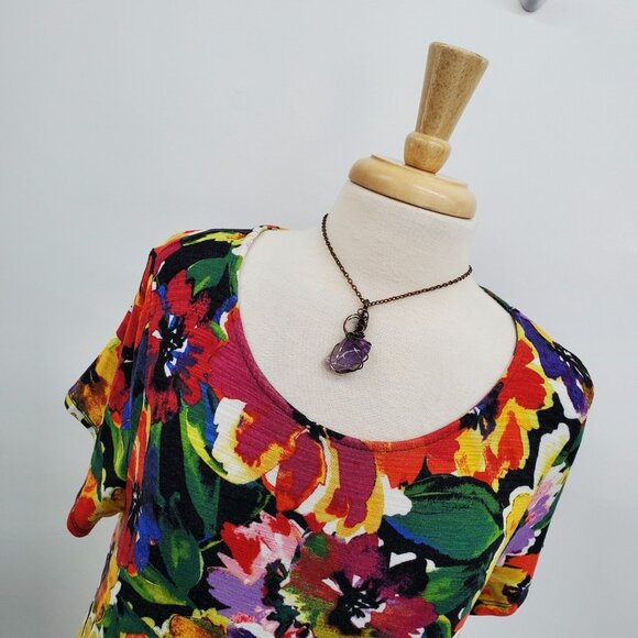Cupio Multicolor Floral Print Short Sleeve Top XL Stretch Asymmetrical Hem - Picture 5 of 13